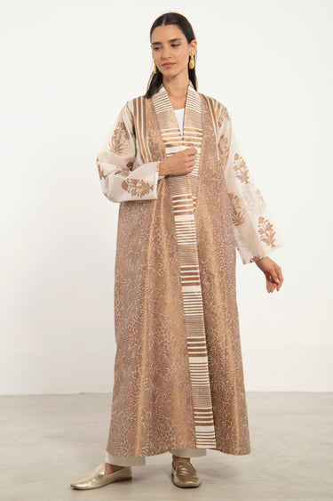 Rim Silk Ivory & Camel Abaya