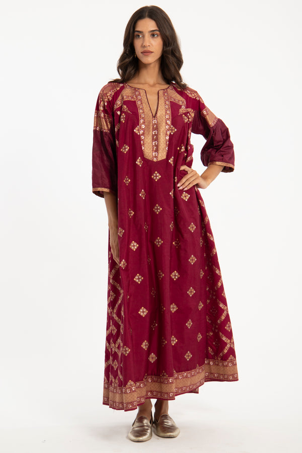 One-Of-A-Kind Rania Silk Brocade Burgundy Dress
