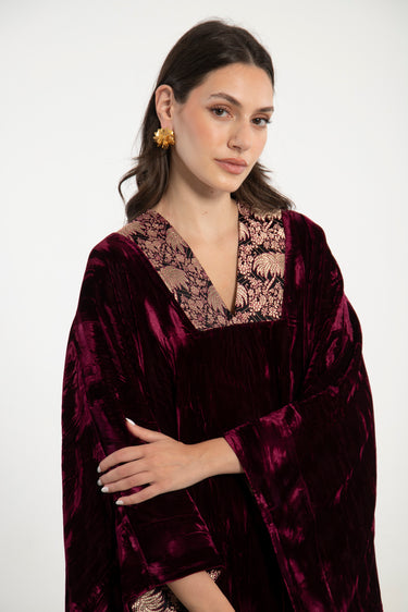 Adan Silk Velvet Burgundy Kaftan