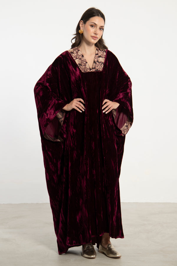 Adan Silk Velvet Burgundy Kaftan