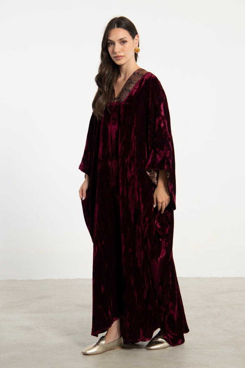 Adan Silk Velvet Burgundy Kaftan