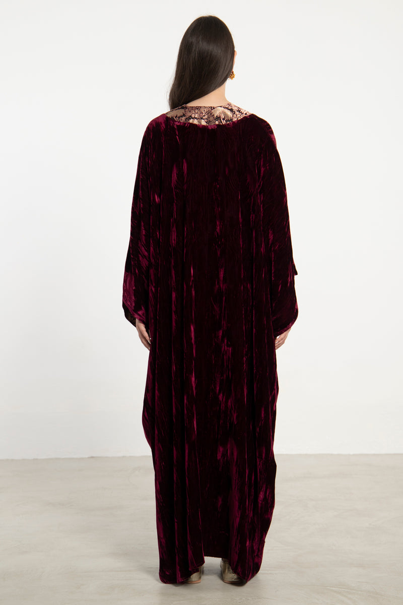 Adan Silk Velvet Burgundy Kaftan