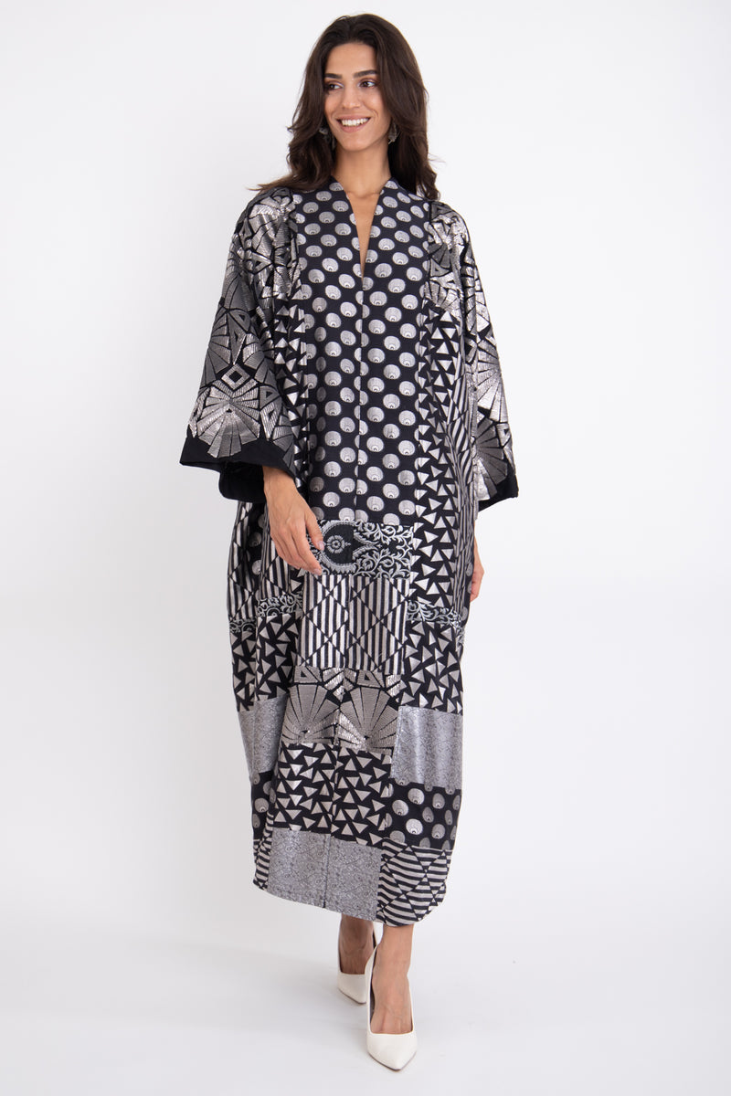 Chouf Silk Brocade Patchwork Silver Dress