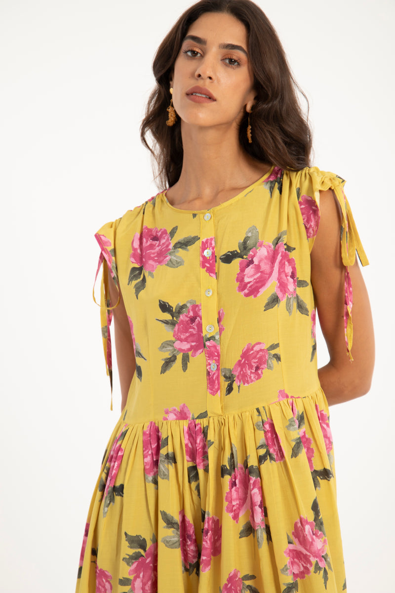 Asma Cotton Yellow Floral Dress