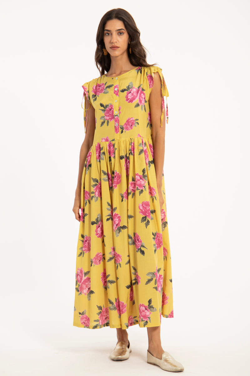 Asma Cotton Yellow Floral Dress