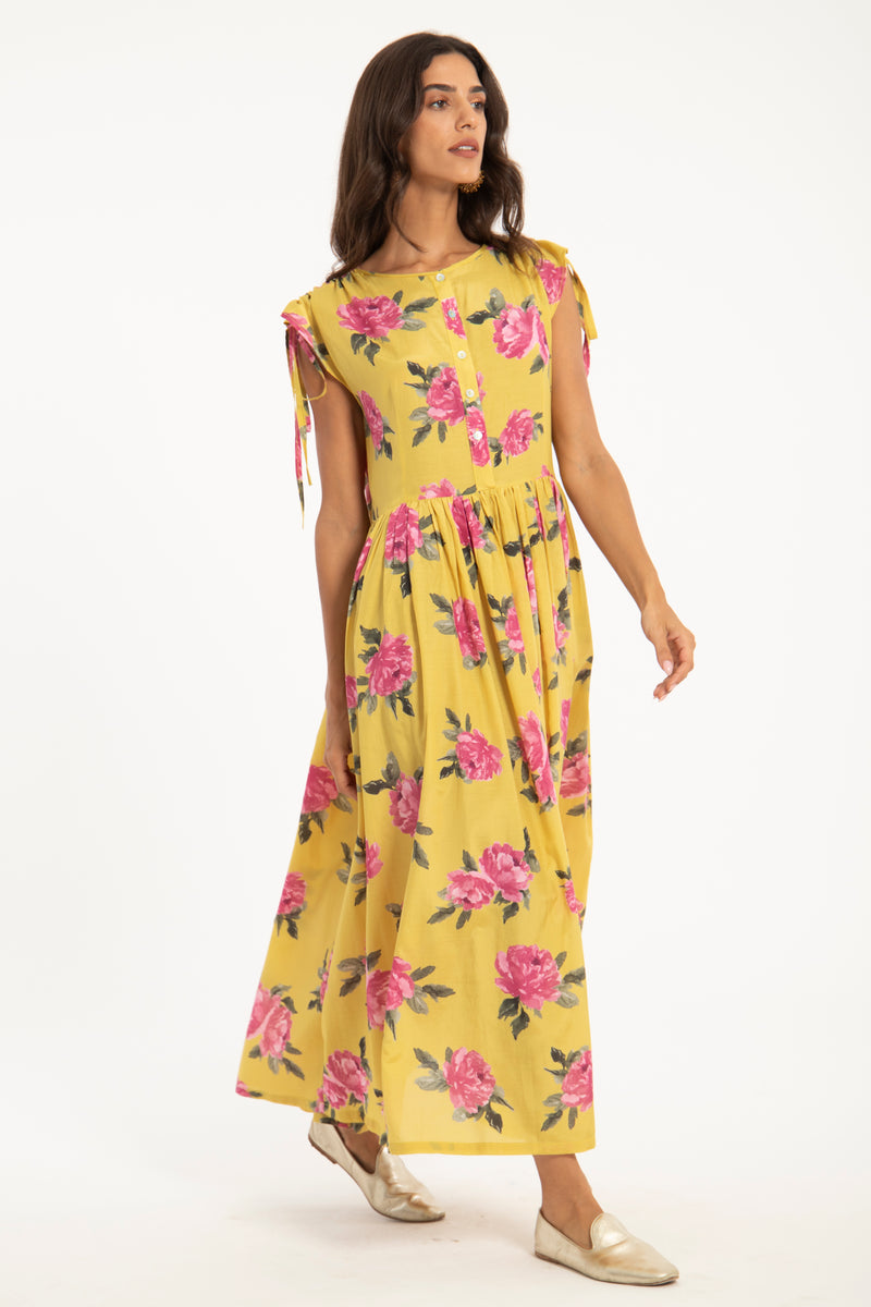 Asma Cotton Yellow Floral Dress