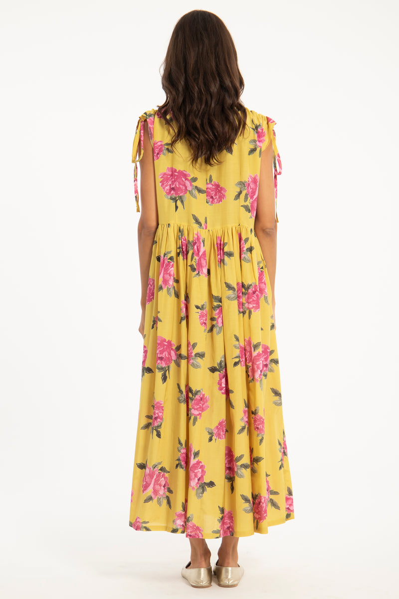 Asma Cotton Yellow Floral Dress