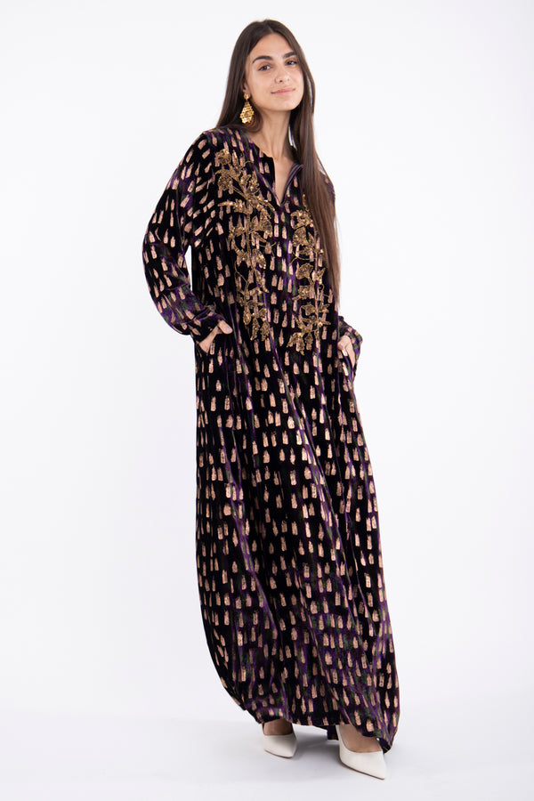 Mia Silk Velvet Purple & Gold Embroidered Dress