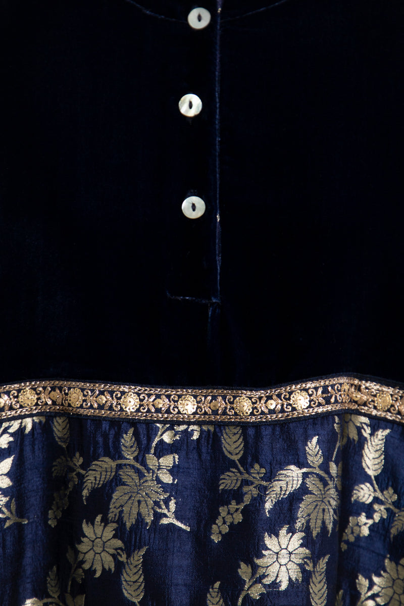 Layalina Silk Velvet and Brocade Navy Dress
