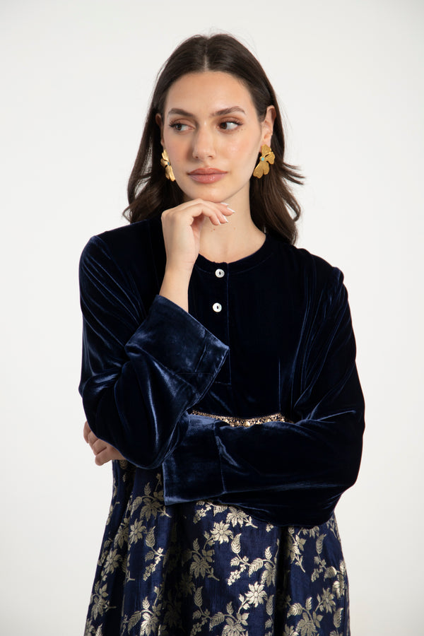 Layalina Silk Velvet and Brocade Navy Dress