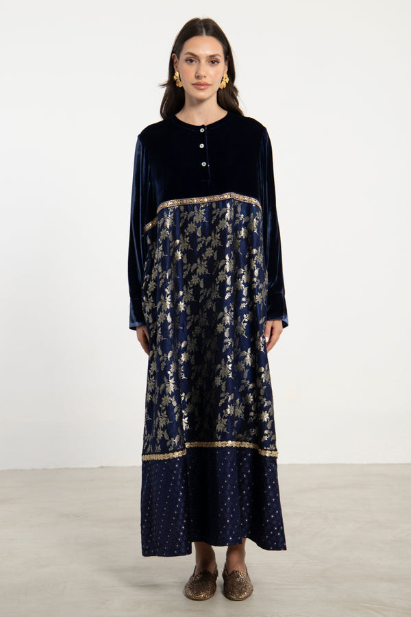 Layalina Silk Velvet and Brocade Navy Dress