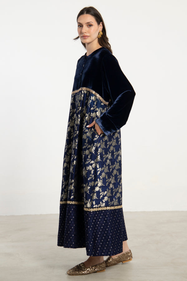 Layalina Silk Velvet and Brocade Navy Dress