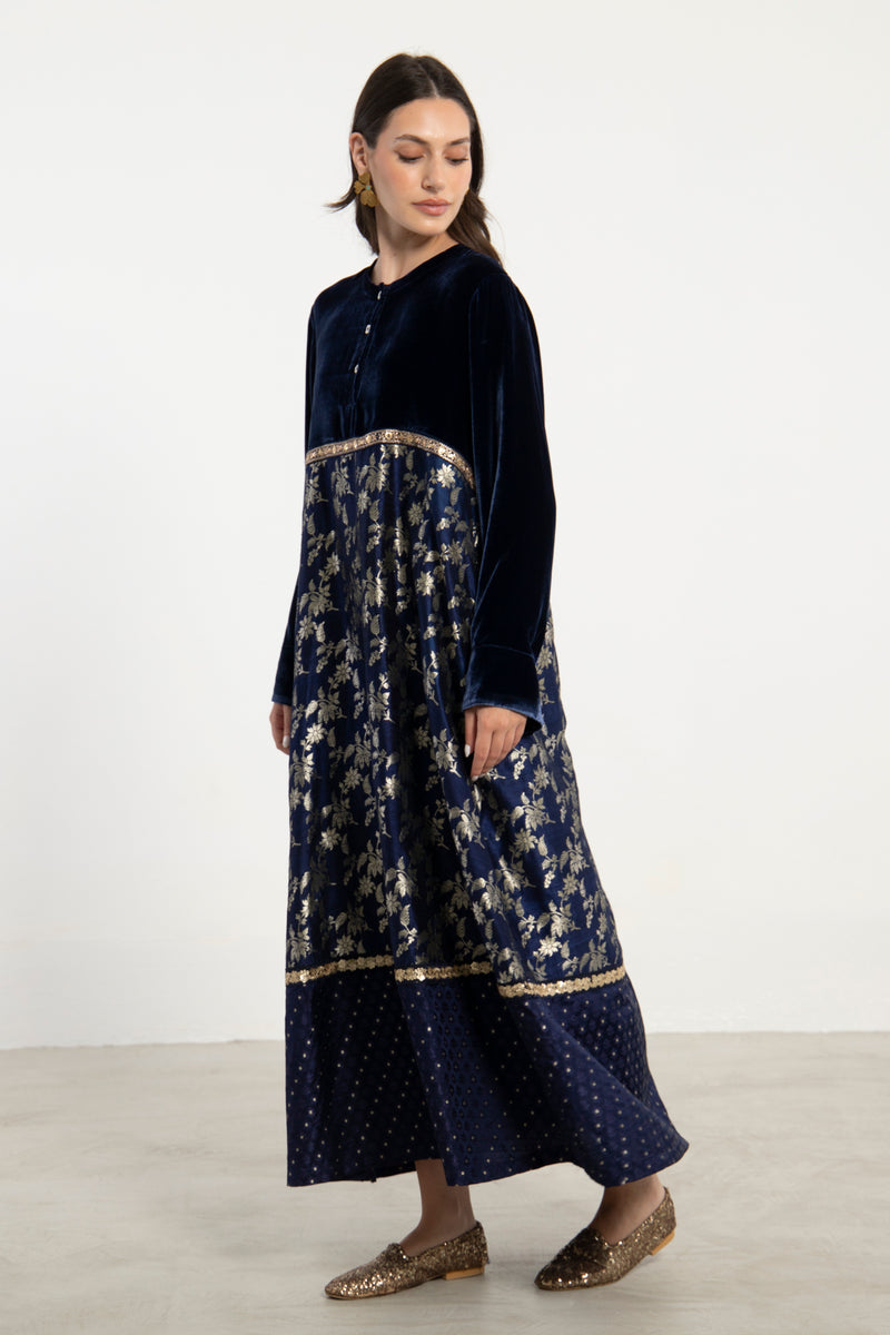 Layalina Silk Velvet and Brocade Navy Dress