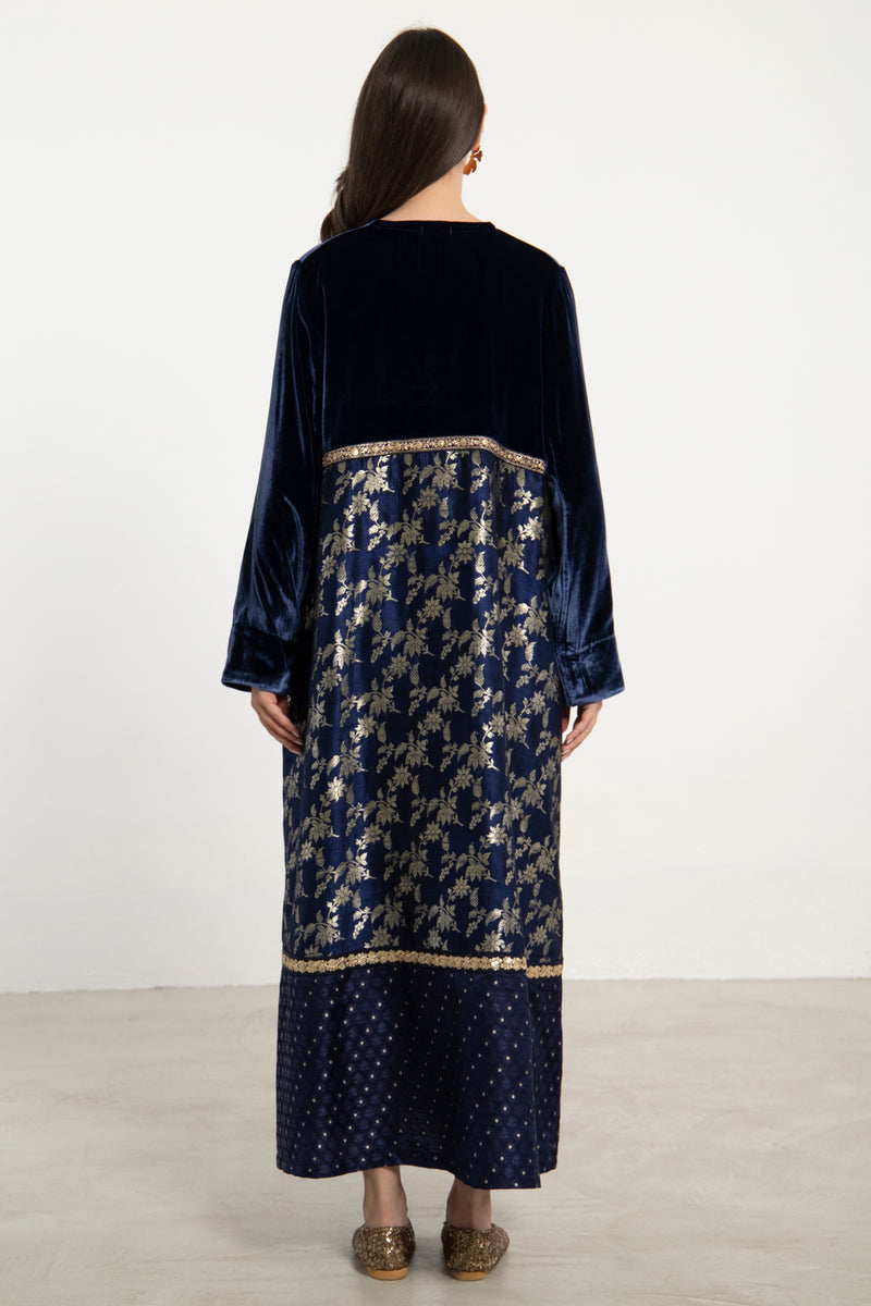 Layalina Silk Velvet and Brocade Navy Dress