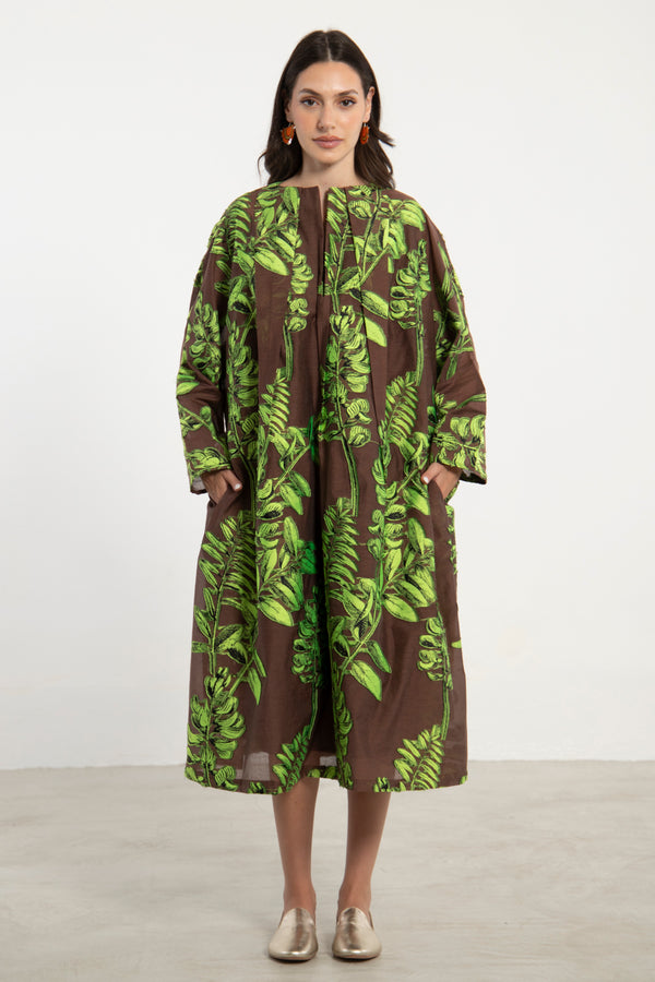 Mira Cotton Silk Leaves Appliqué Dress