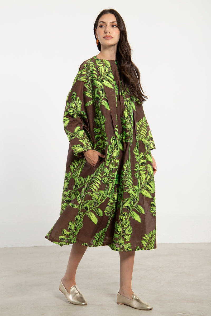 Mira Cotton Silk Leaves Appliqué Dress