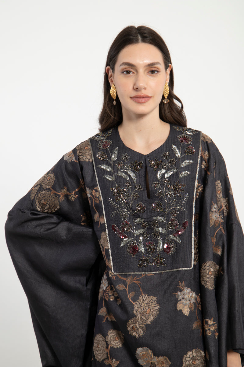 Kawthar Silk Black Dupioni Embroidered Dress