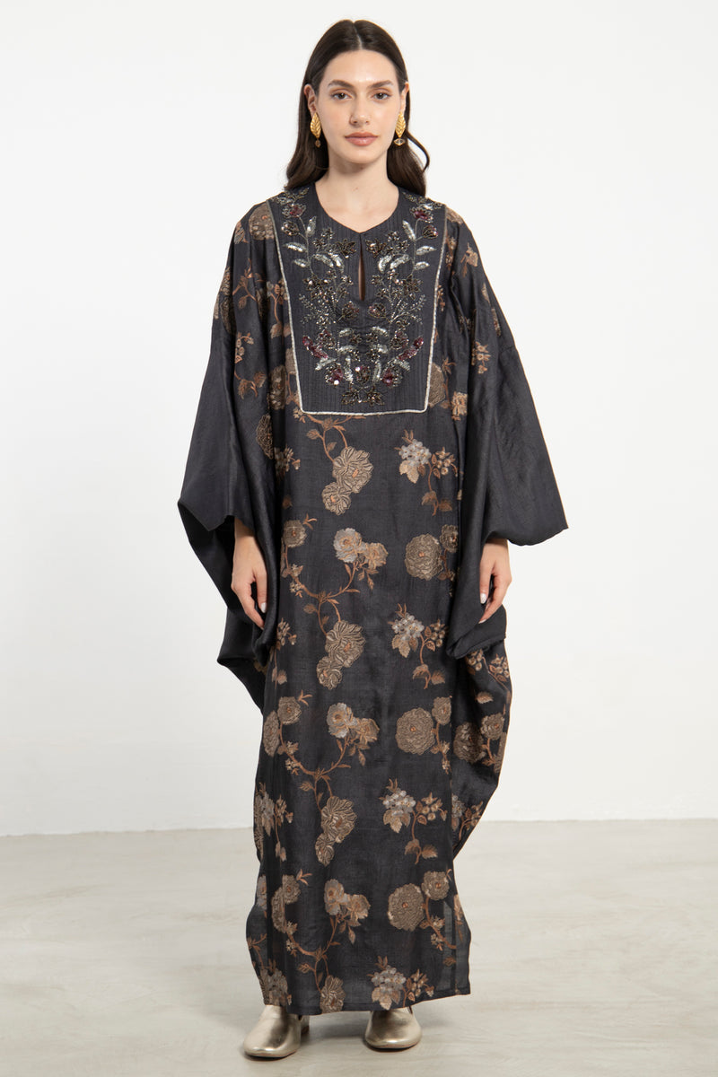 Kawthar Silk Black Dupioni Embroidered Dress