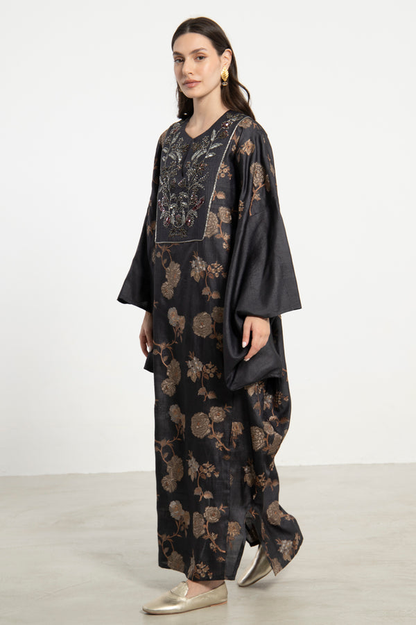 Kawthar Silk Black Dupioni Embroidered Dress