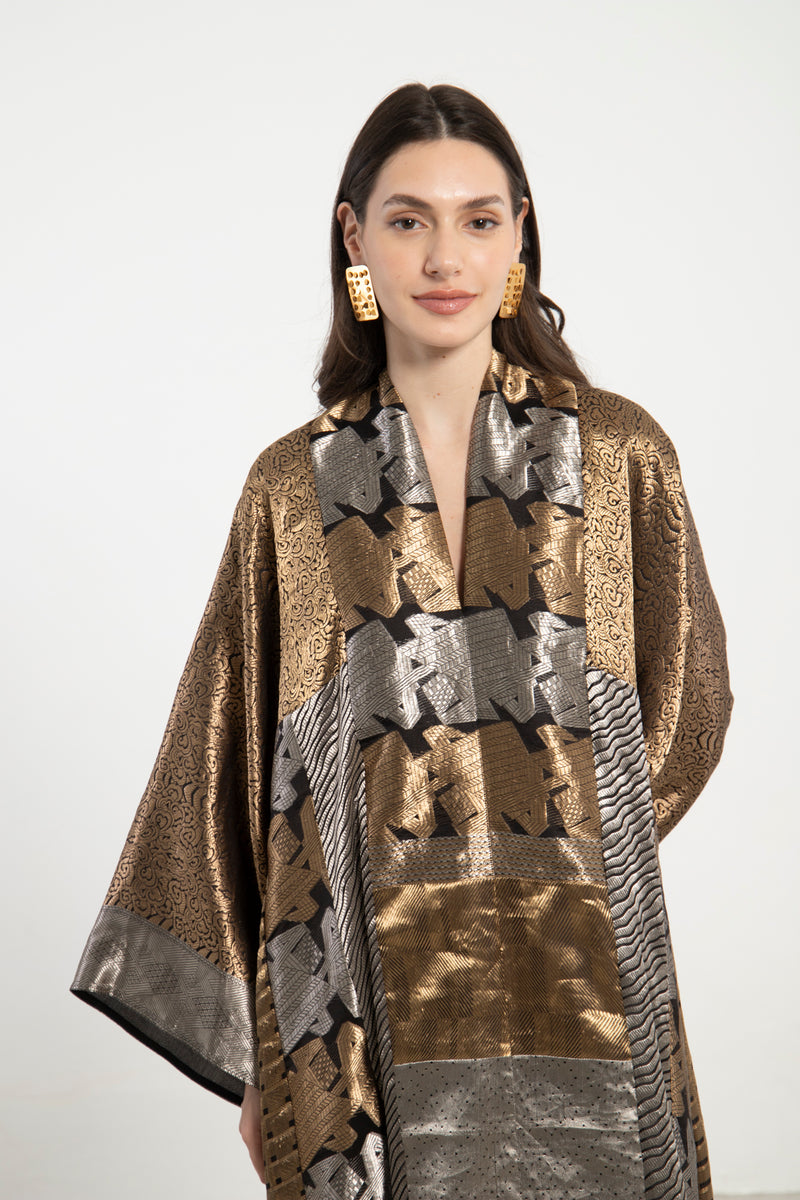 Chouf Handwoven Silk Patchwork Gold & Silver Dress