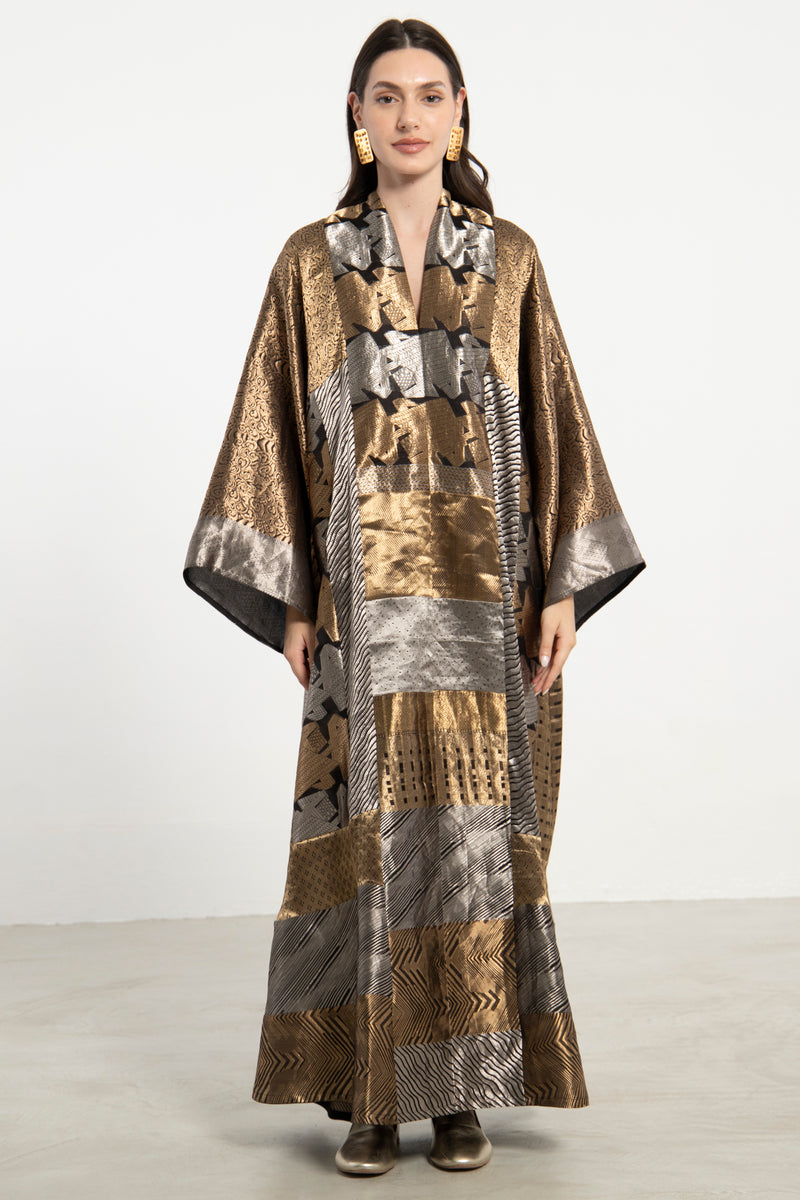 Chouf Handwoven Silk Patchwork Gold & Silver Dress