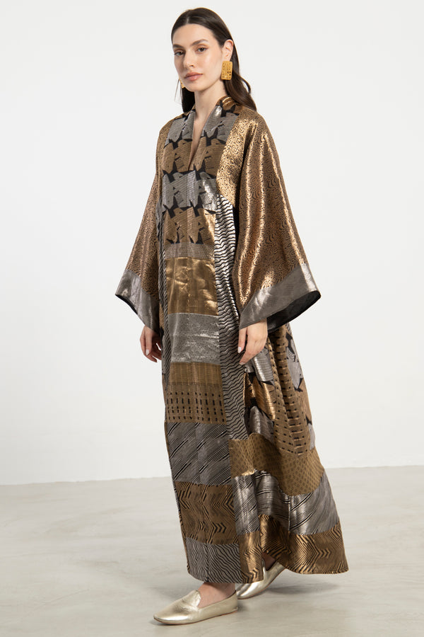 Chouf Handwoven Silk Patchwork Gold & Silver Dress