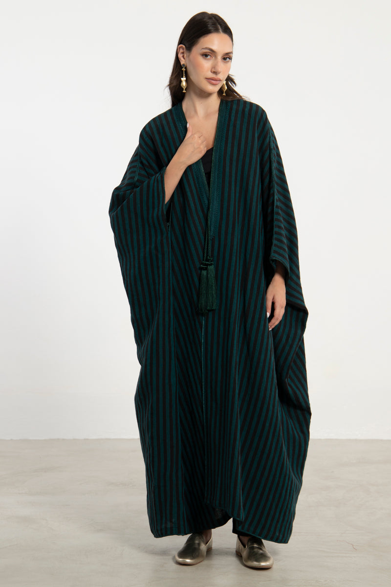 Aida Linen Stripe Green Abaya