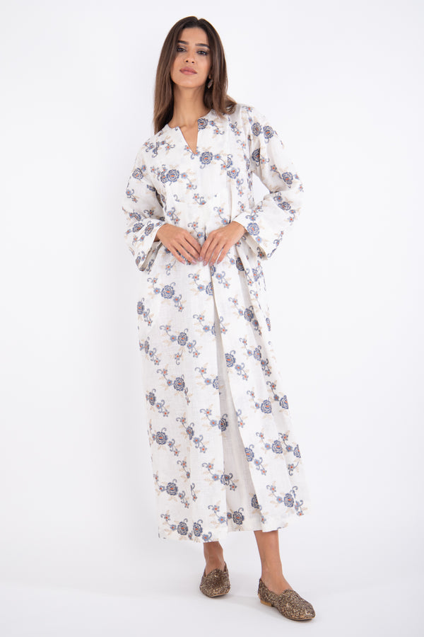 Shirine Linen Embroidered White & Blue Dress