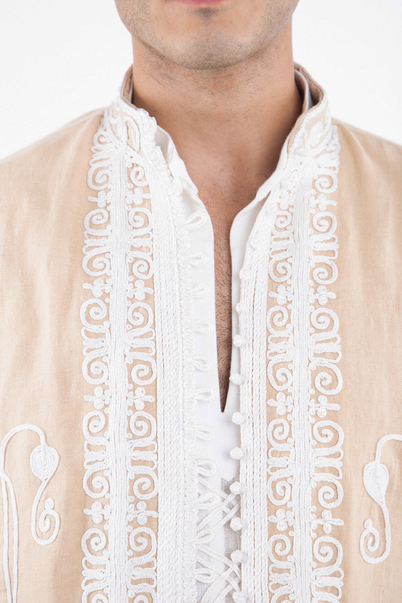 Kawas Linen Embroidered Plain Sand Vest