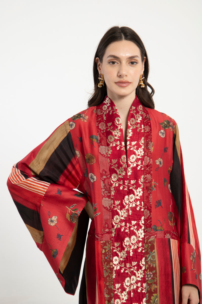 Fala Printed Silk & Silk Brocade Red Dress