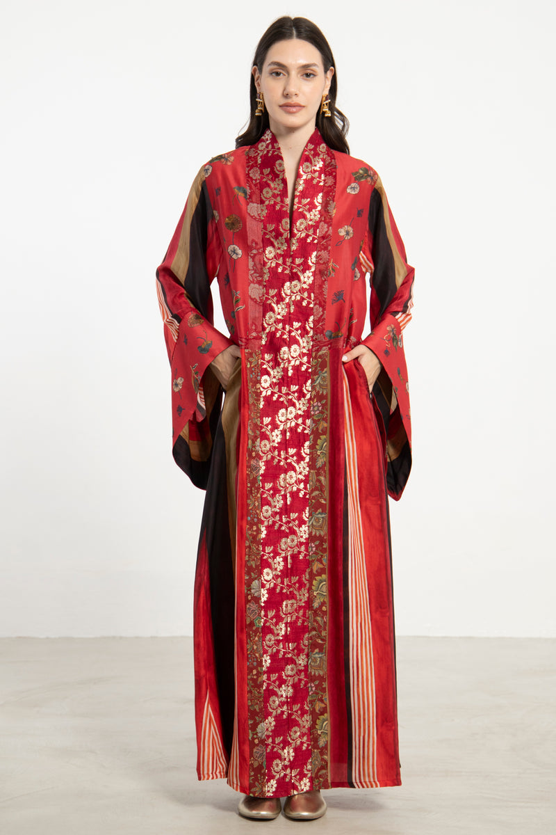 Fala Printed Silk & Silk Brocade Red Dress
