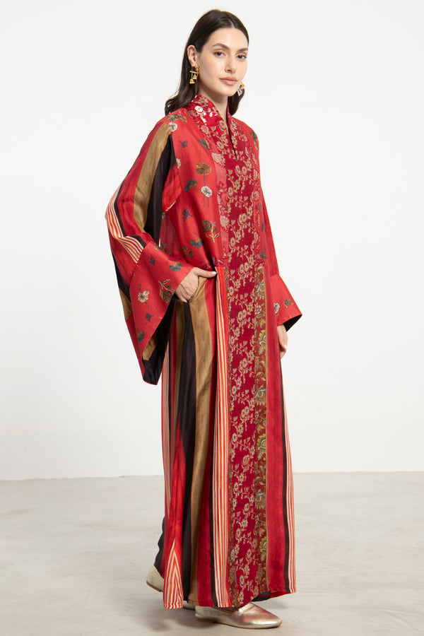 Fala Printed Silk & Silk Brocade Red Dress