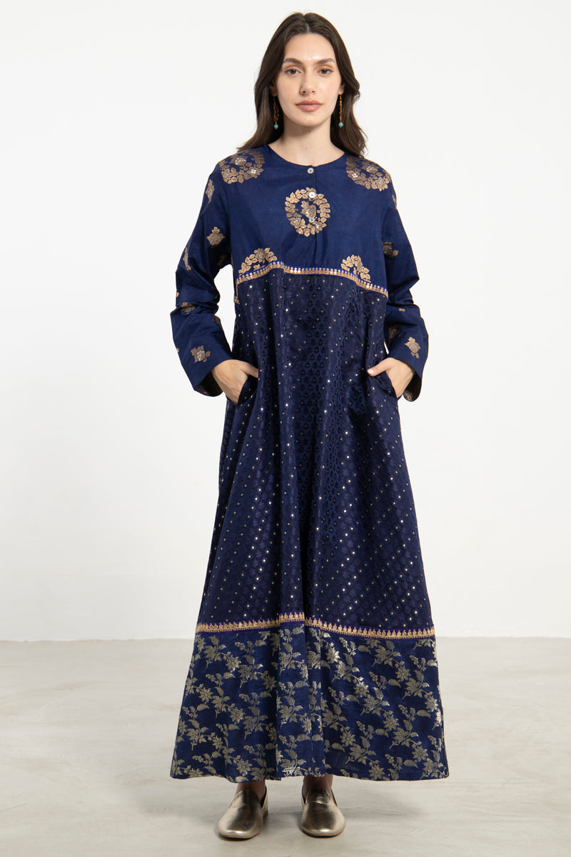 Layalina Silk Navy-Gold Dress