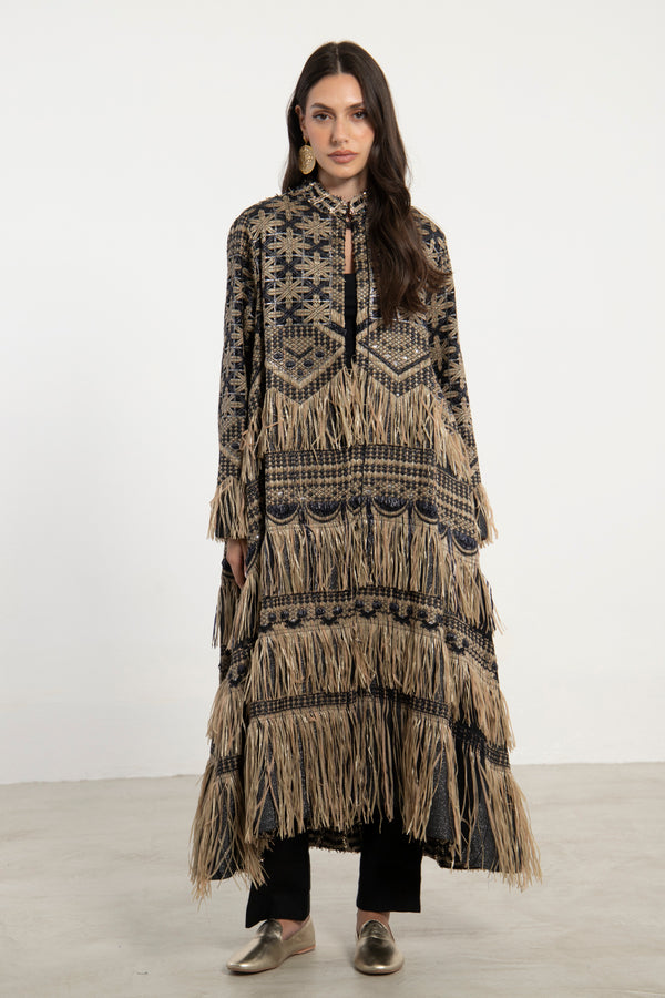 Dima Cotton Jacquard Black and Gold Coat