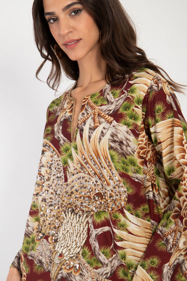 Fajer Cotton Burgundy Embroidered Eagle Dress