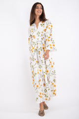 Shirine Linen Offwhite Flowers Embroidered Dress