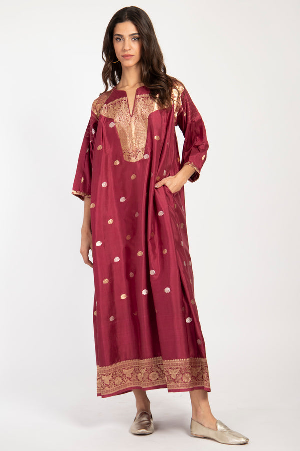 One-Of-A-Kind Rania Silk Cherry & Gold Dress