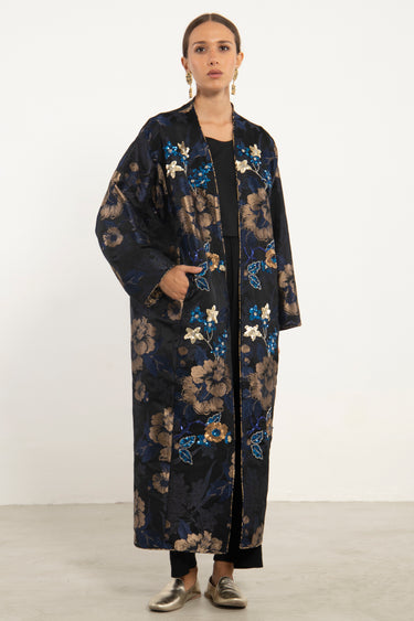 Nour Cotton Jacquard Black & Blue Coat