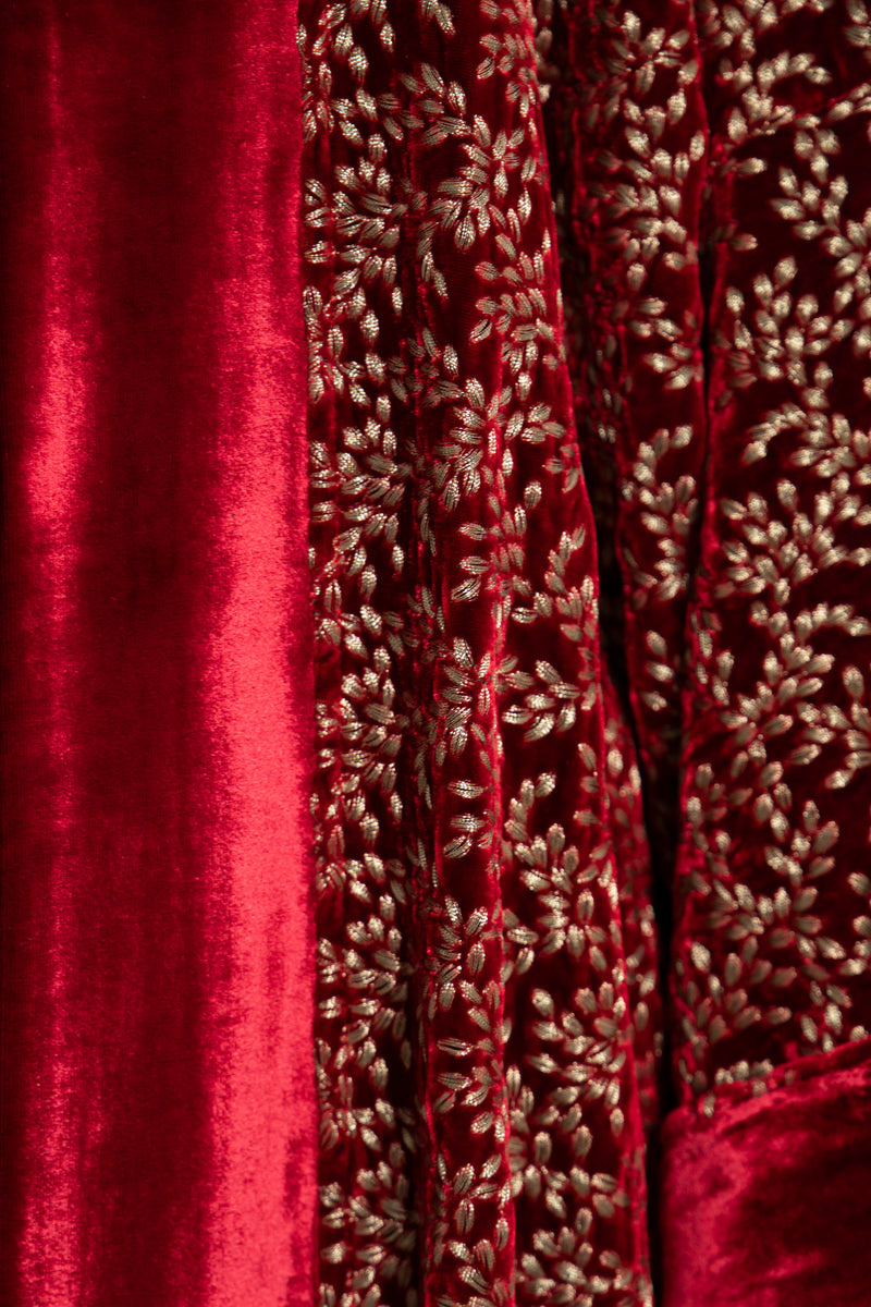 Maliha Silk Velvet Embroidered Red Abaya