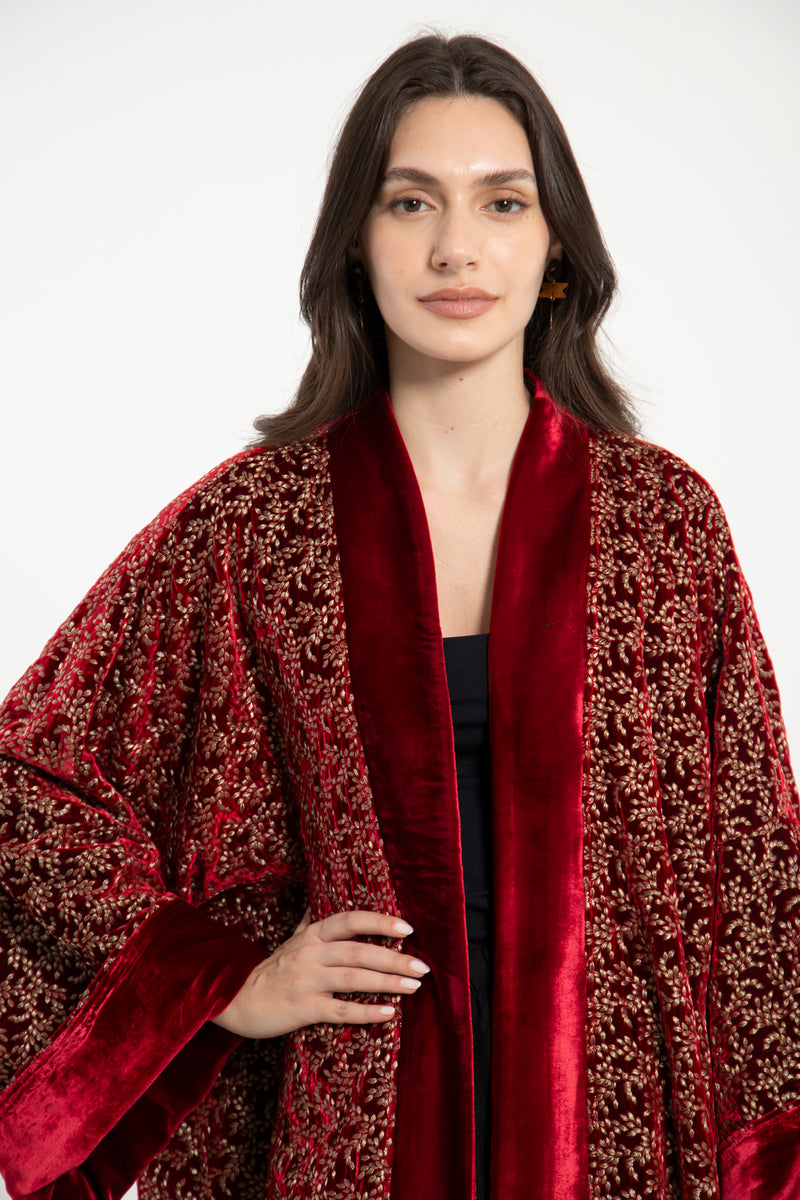 Maliha Silk Velvet Embroidered Red Abaya