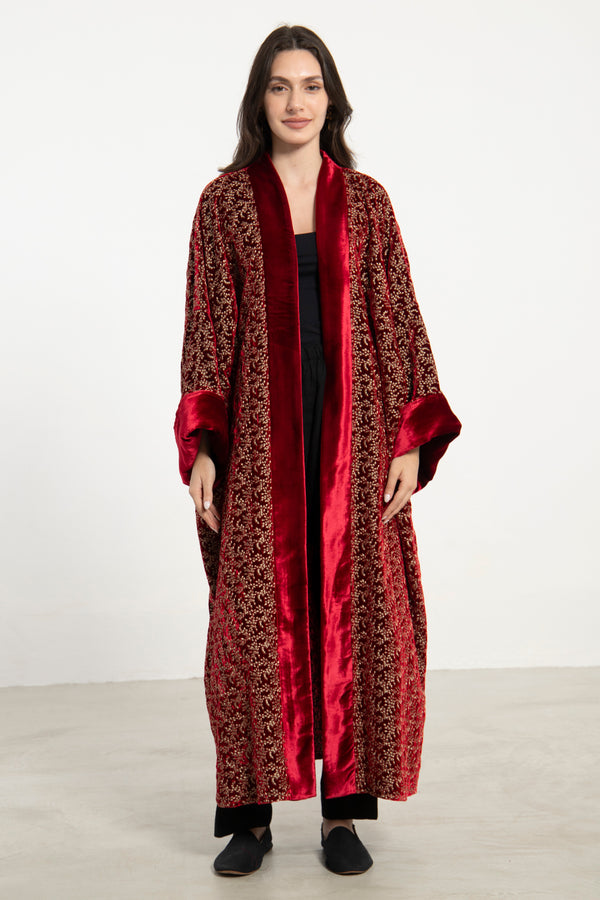 Maliha Silk Velvet Embroidered Red Abaya