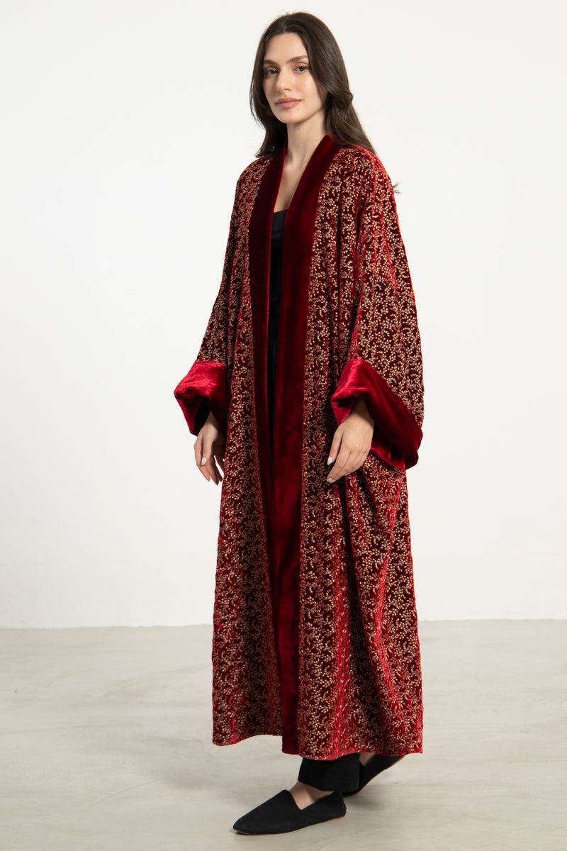 Maliha Silk Velvet Embroidered Red Abaya