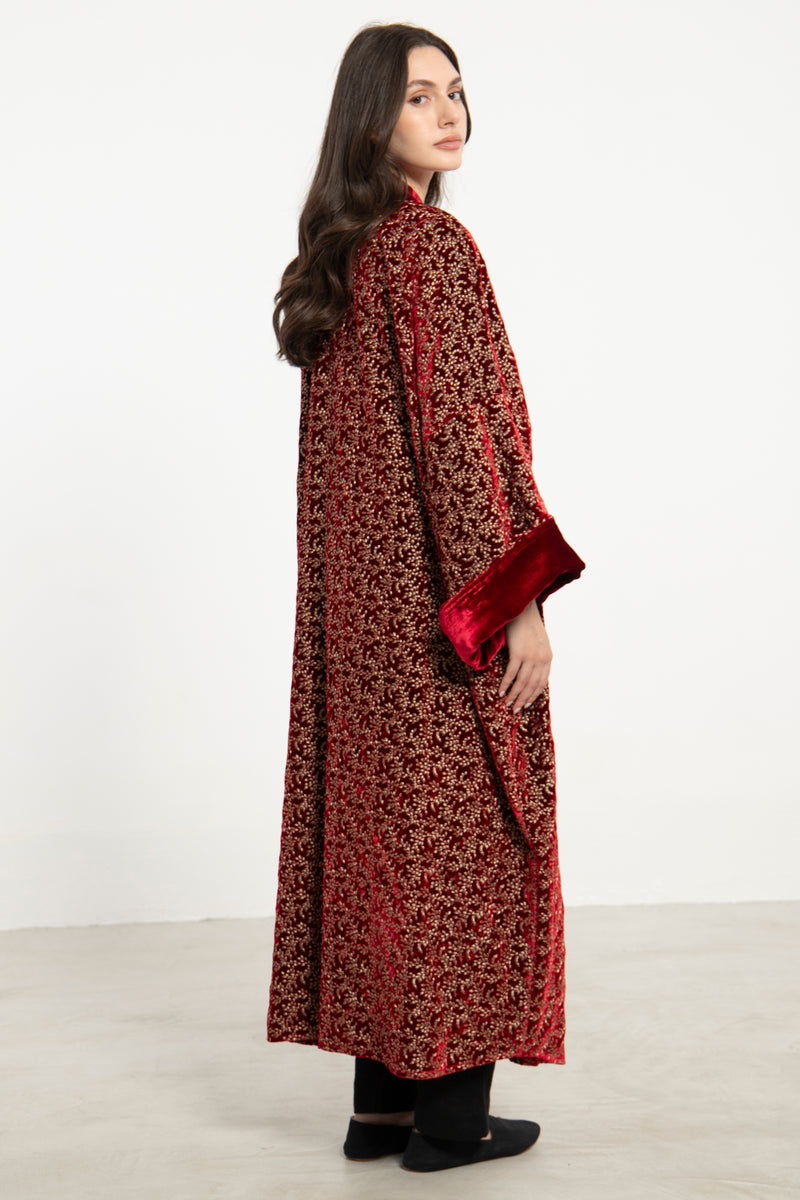 Maliha Silk Velvet Embroidered Red Abaya
