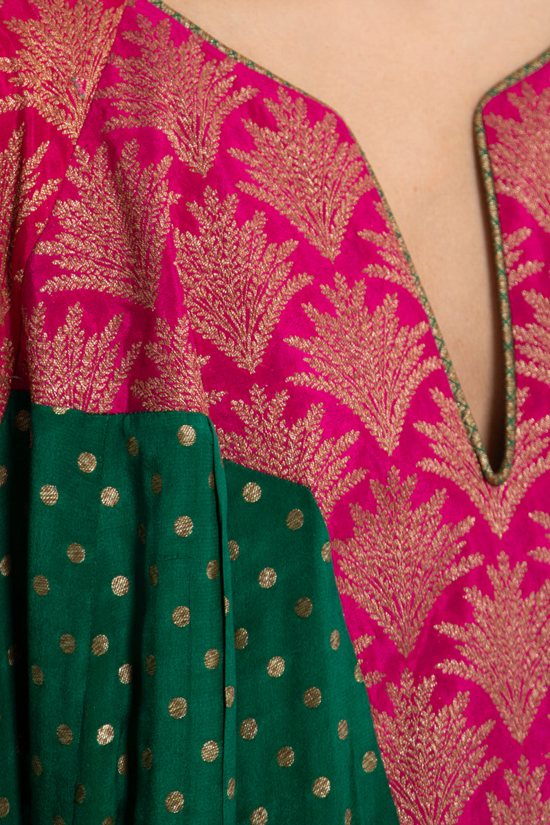 One-Of-a-Kind Rania Handwoven Silk Green & Fuchsia Dress
