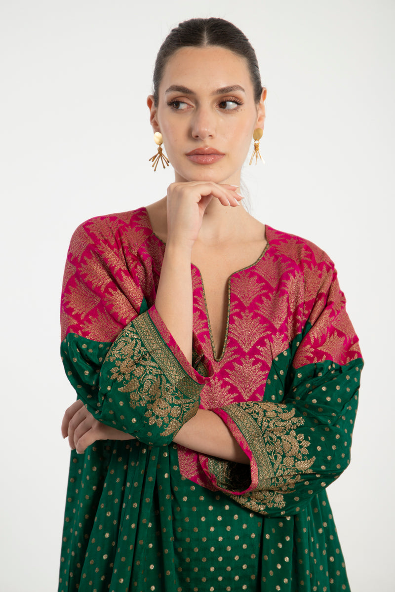 One-Of-a-Kind Rania Handwoven Silk Green & Fuchsia Dress