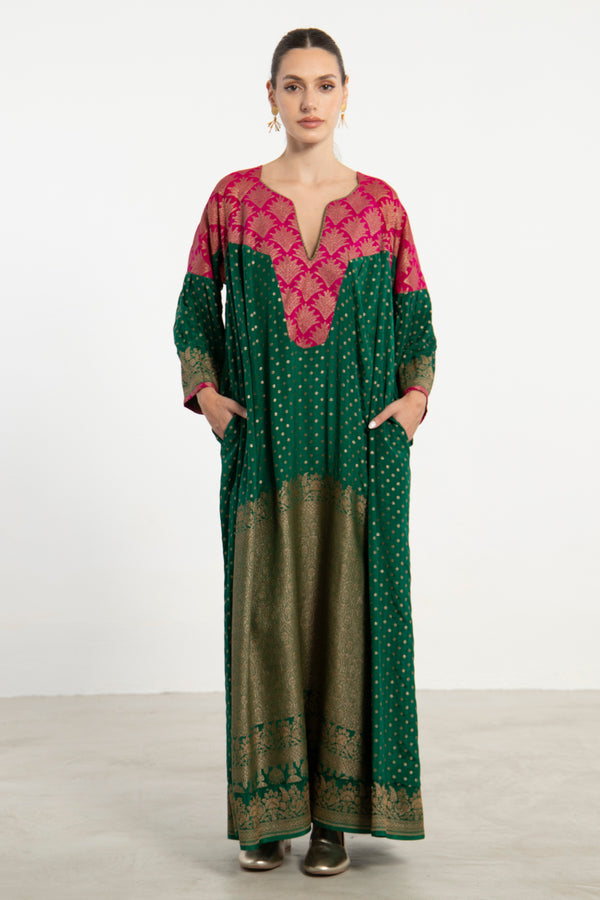 One-Of-a-Kind Rania Handwoven Silk Green & Fuchsia Dress