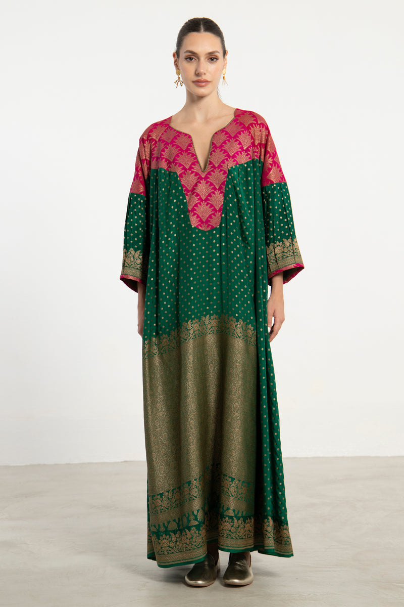 One-Of-a-Kind Rania Handwoven Silk Green & Fuchsia Dress