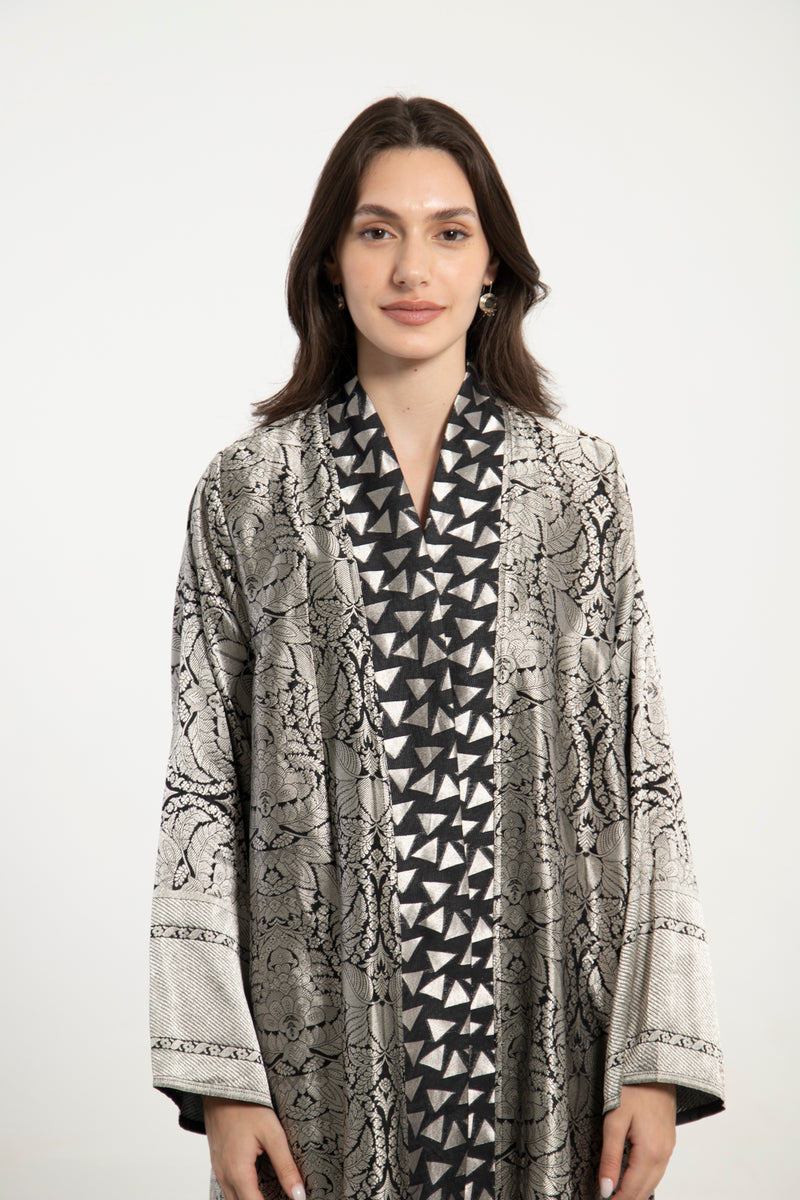 Rim Silk Brocade Silver Abaya