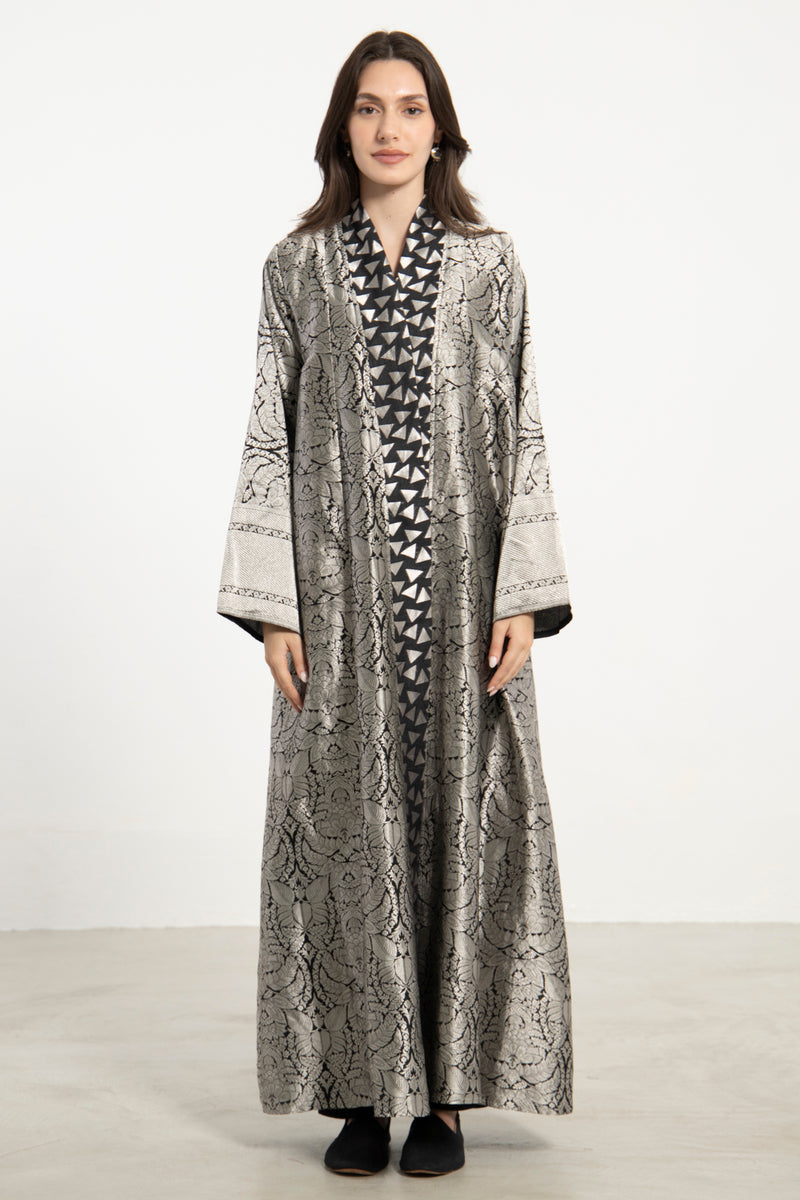 Rim Silk Brocade Silver Abaya