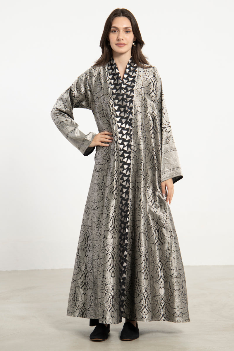 Rim Silk Brocade Silver Abaya